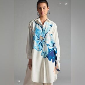 Anthropologie Maeve Shirt Size Small Blue Floral Hi Low Hem Longline Button Down